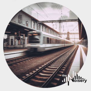 A moving train blurs past a platform at a train station, perfect for those seeking an sfx library on Sonniss. "The Noisery" logo visible.