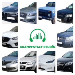 Collage of car fronts with "Krampfstadt Studio" logo; explore diverse sound effects library on Sonniss.