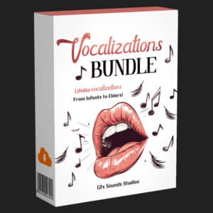 Image of a sound effects library titled "Vocalizations Bundle," showcasing diverse lifelike vocal SFX for all ages.