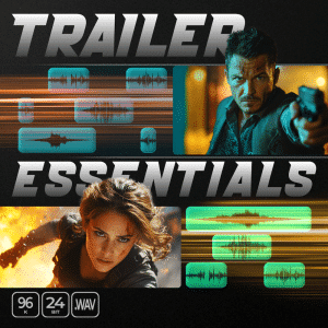 Image of a sound effects library on Sonniss: A man aiming a gun & woman poised for action. "Trailer Essentials" WAV 96K 24BIT.