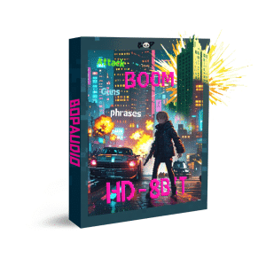A box of urban explosion sound effects library with neon city art, police car, and HD-SFX text on Sonniss.