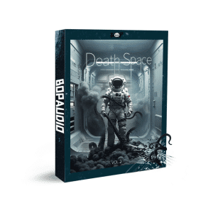 A sound effects library box for "Death Space Vol. 2" on Sonniss featuring an astronaut in a smoky, tentacled corridor.