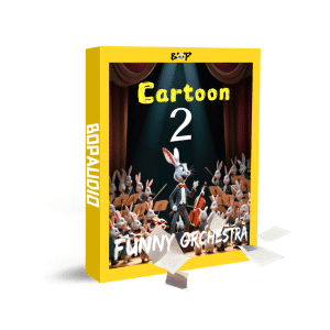 A "Cartoon 2 Funny Orchestra" sound effects library box with animated rabbits playing instruments and floating sheet music.
