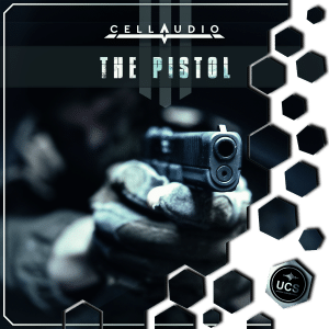 A sound effects library image on Sonniss: A gloved hand points a pistol, "Cellaudio The Pistol" SFX with geometric shapes.