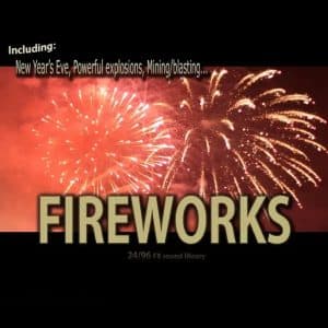 An SFX library image on Sonniss: “FIREWORKS” gold text over orange night-sky fireworks for cinematic sound effects use.