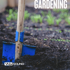 This sound effects library image on Sonniss shows a blue shovel in soil with young plants and "GARDENING" text above.