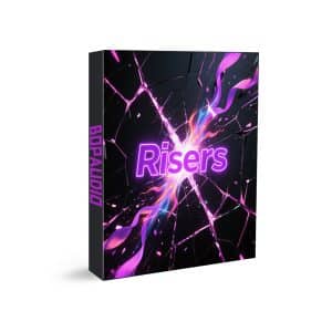 Risers sound effects library box on Sonniss—BOPAUDIO SFX library, neon purple risers, light streaks, cracked glass effect.