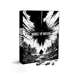 An SFX library box on Sonniss: "BOP AUDIO" magic vs machine sound effects, cloaked figure, ruined city debris art.