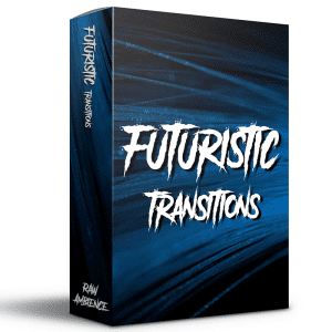 Image of a sound effects library box labeled "Futuristic Transitions" for sci-fi sfx and ambient sounds on Sonniss.
