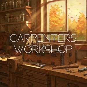 A carpentry workshop SFX library on Sonniss: toolbox, hand tools, woodwork sounds; "Carpenter’s Workshop" text shown.