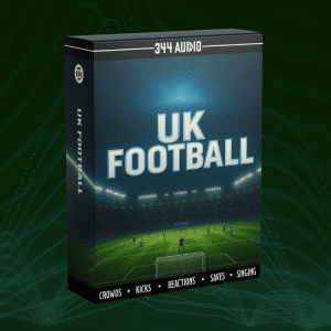 UK Football sound effects library box on Sonniss, with stadium, players, crowds, kicks, reactions, saves & singing.