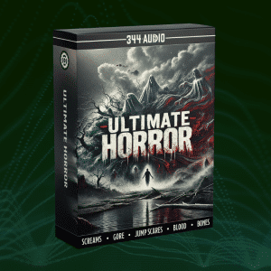 A sound effects library box on Sonniss, "Ultimate Horror" shows ghostly figures and dark art with text: screams, gore, jump scares.