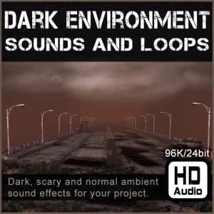 A dark, foggy road under a cloudy sky with text promoting a sound effects library for ambient dark environment SFX on Sonniss.