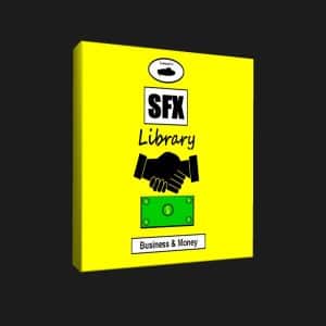 A yellow box labeled "SFX Library" shows shaking hands, a dollar bill, and "Business & Money"—business sound effects library on Sonniss.
