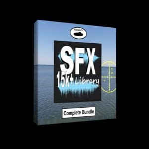 An SFX library software box labeled "SFX 15k+ Library Complete Bundle" on Sonniss, with water style and yellow scope overlay.
