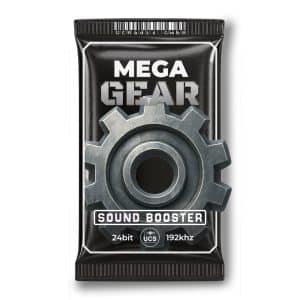 A "MEGA GEAR" black package, large gear graphic, shown as a sound effects library on Sonniss. "Sound Booster," "24bit," "UCS," "192kHz.