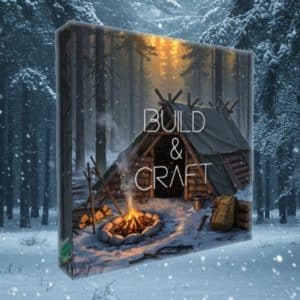 SFX library cover: "Build & Craft" box with campfire, log shelter, and snowy forest—perfect for survival game sound effects.