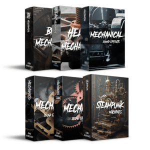 Mechanical and steampunk SFX library boxes with industrial visuals—industrial sound effects for film on Sonniss.