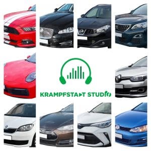 A grid of ten car front views encircles a green KRAMPFSTADT STUDIO logo for a car sound effects library on Sonniss.