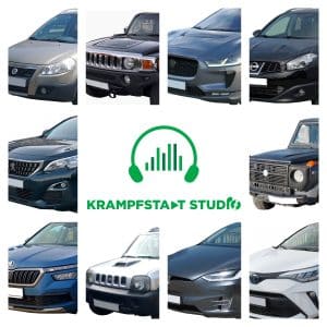 Collage of car front views encircling a green "Krampfstadt Studio" logo—an automotive sound effects library on Sonniss.