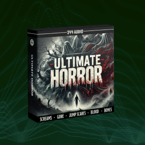 A dark box labeled "Ultimate Horror" with shadowy figures, twisted trees, and mountains. Tagline: "Screams, Gore, Jump Scares, Blood, Bones." Set against a green digital wave background.