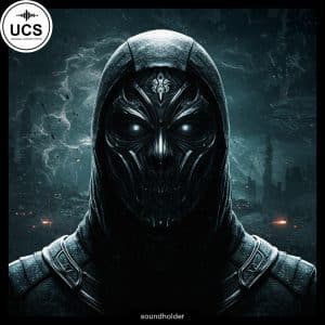 A hooded figure in dark armor and an ornate metallic mask with glowing eyes stands before a stormy cityscape. UCS logo top left.