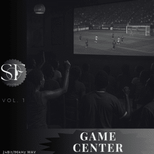 People watch a soccer match on a large screen in a dark room, some raising arms. Text: "SPAKAFIE VOL. 1 GAME CENTER" and "24Bit/96kHz WAV.