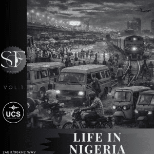 Crowded roads in Nigeria with cars, buses, auto-rickshaws, pedestrians, and a passing train; black and white; "Life in Nigeria" text.