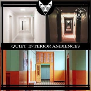 Collage of three hallways: a white corridor, dim carpeted hallway, and vintage hallway. "QUIET INTERIOR AMBIENCES" text with black logo above.