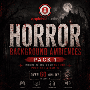 Dark image promoting “Horror Background Ambiences Pack 1” by applehill studios, showing haunted mansion, full moon, gothic trees, and bold text for horror projects and games.