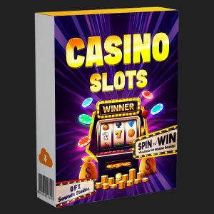 Colorful game box with "Casino Slots" title, slot machine, gold coins, poker chips, and text: "Winner," "Spin and Win," "GFX Sounds Studios" on purple background.