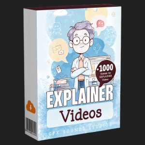Product box with cartoon scientist holding clipboard, icons and clouds around, light blue doodle background, “1000 Sounds for EXPLAINER Videos,” “GFX Sounds Studios.”.