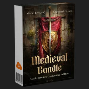 Product box with a medieval theme, sword and gilded shield on a red banner. Text: Mark Shwedow, Gify Sounds Studios, Medieval Bundle.