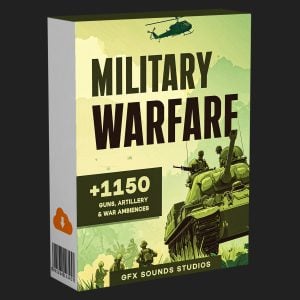 Product box for "Military Warfare" with tank, soldiers, helicopter; "+1150 guns, artillery & war ambiences." "GFX Sounds Studios.