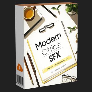 Box cover for "Modern Office SFX" by Gfx Sounds Studios with a clipboard, coffee cup, glasses, and plants on a white desk.