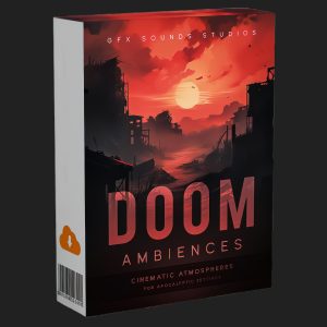 Product box featuring a red apocalyptic cityscape, large sun, and text: "DOOM AMBIENCES," "Cinematic Atmospheres for Apocalyptic Settings," and "GFX Sounds Studios" at the top.