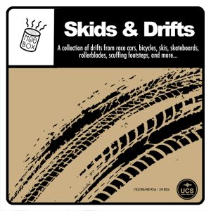 Album cover for "Skids & Drifts" shows curved tire skid marks on a tan background, listing race cars, bikes, skis, and footsteps.