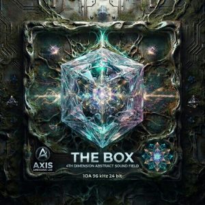 A glowing geometric cube with swirling light patterns is centered on a dark, ornate background. The text displays "THE BOX 4th Dimension Abstract Sound Field," with "AXIS" and technical audio details shown below.