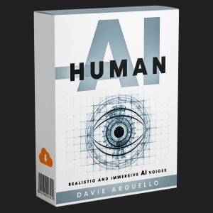 Software box labeled “AI HUMAN” displaying an illustrated eye and a grid pattern, with the text “Realistic and immersive AI voices” and the name Davie Arguello.