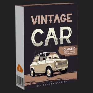A software box for “Vintage Car Classic: Driving Sounds From Another Era” featuring an illustrated beige vintage car on the front. The box has a dark background and displays bold, retro-style lettering.