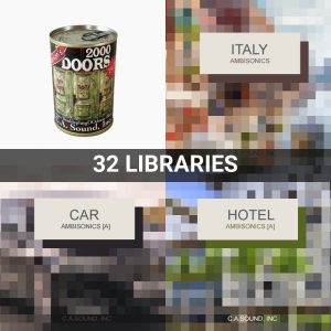 A can labeled “Coll Anderson - Complete Collection” sits above bold text that reads “32 Libraries.” Beneath, three blurred images labeled Italy, Car, and Hotel are each marked with “AMBISONICS [A]” and “C.A.SOUND_INC.”.