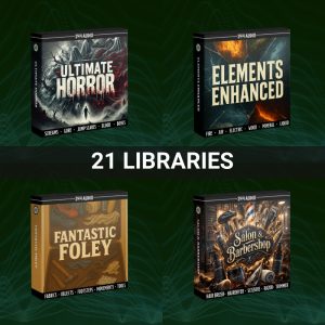 Four sound library boxes labeled Ultimate Horror, Elements Enhanced, Fantastic Foley, and Salon & Barbershop are arranged above the text “21 Libraries” on a green patterned background, indicating the Mini Bundle.
