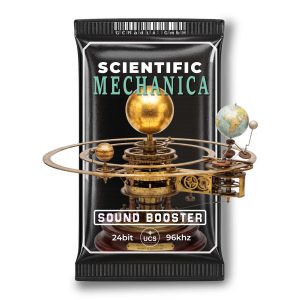 A black packet labeled “Scientific Mechanica Sound Booster” displays a detailed orrery with models of planets, including Earth and the Sun. The bottom of the packet lists audio specifications: “24bit UCS 96kHz.”.